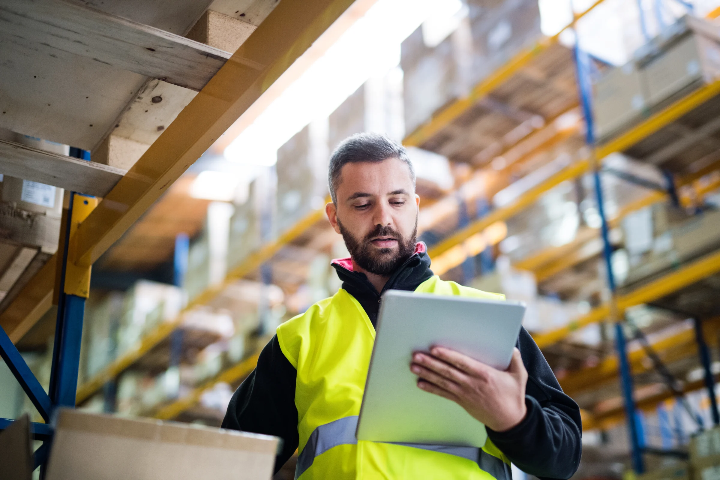 Warehouse professional checking a tablet.